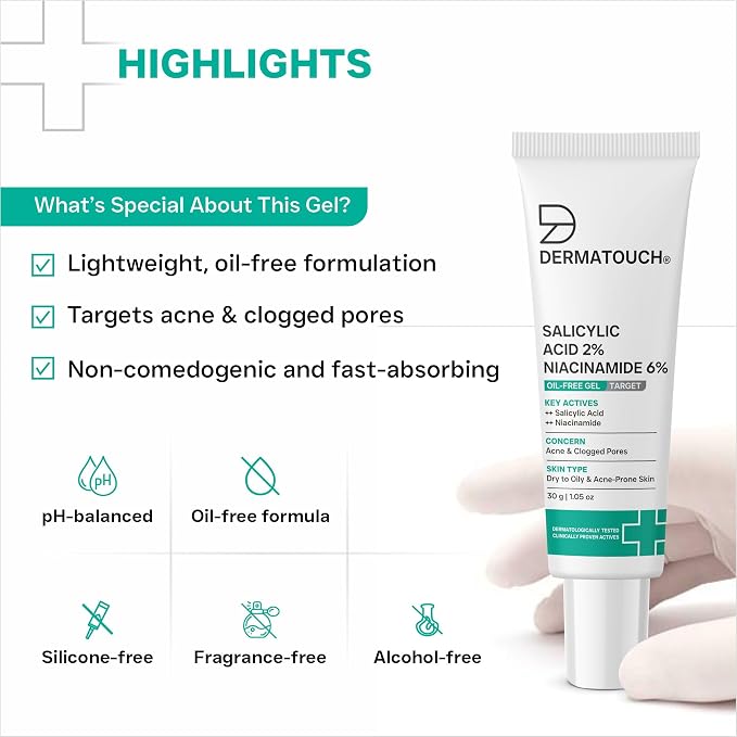Dermatouch Salicylic Acid 2% Niacinamide 6% Anti-Acne Oil-Free Gel - Pack of 30g gallery image 2